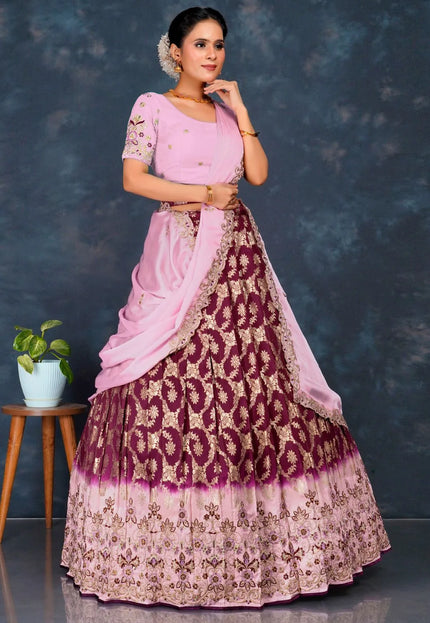 Purple Viscose Muslin Floral Lehenga Choli Rangoli Dupatta