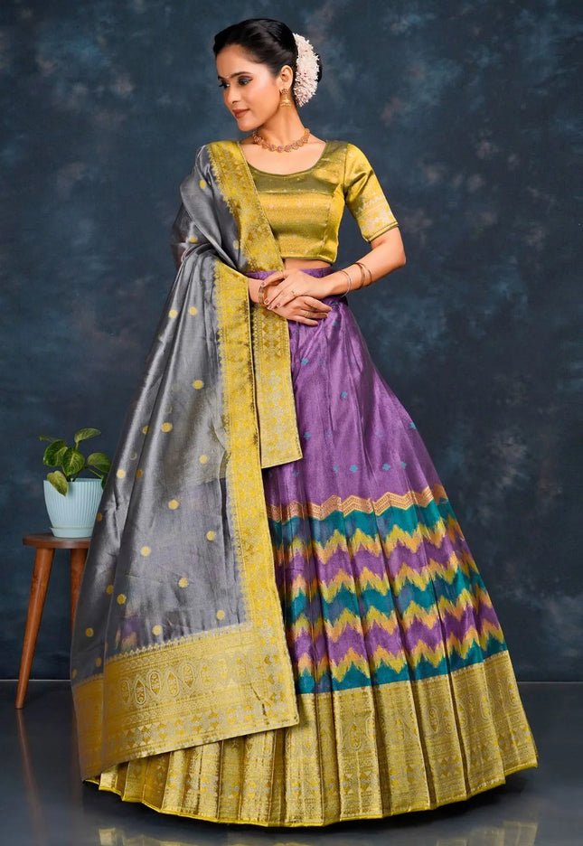 Purple Tissue Silk Half Saree With Dupatta For Women