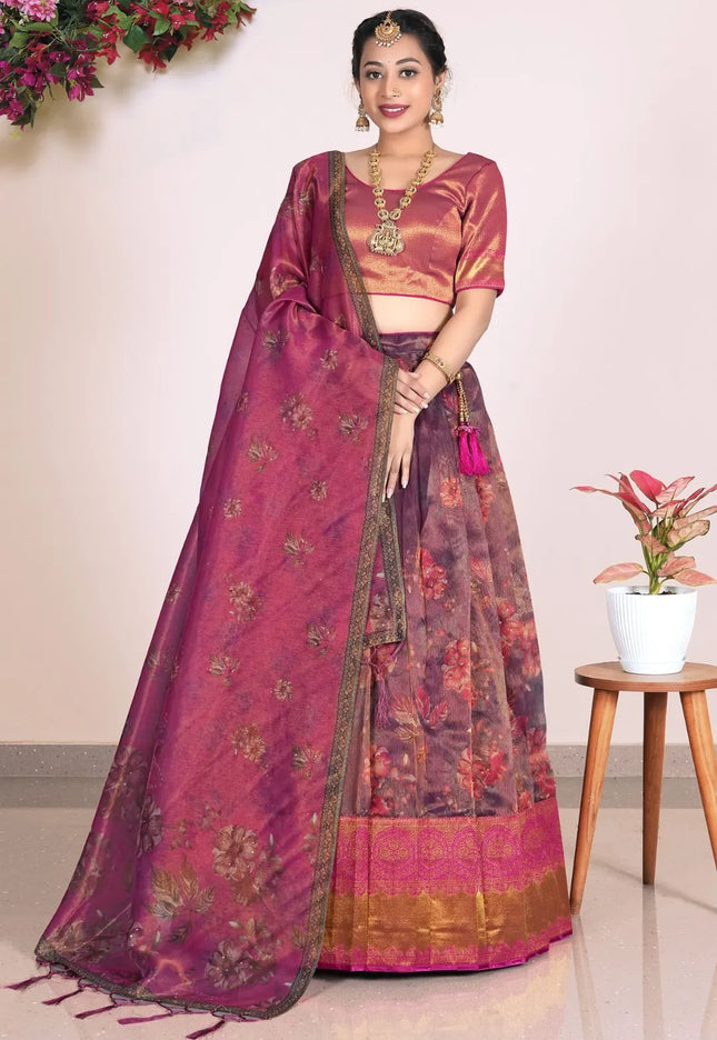 Purple Zari Tissue Silk Pattu Pavadai With Digital Print