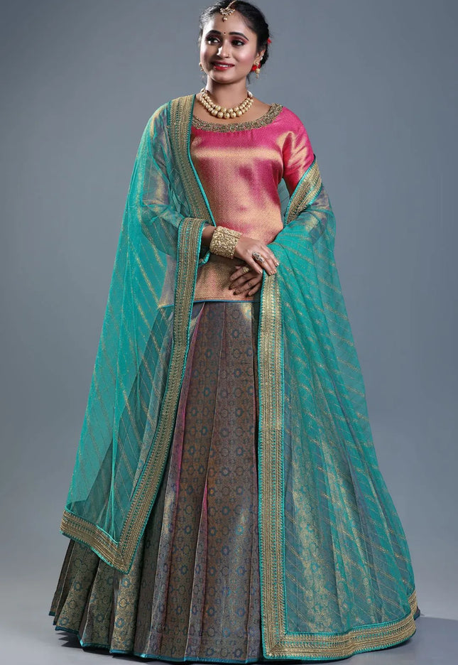 Rama Banarasi Silk Lehenga Choli For Women With Net Dupatta