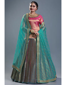 Rama Banarasi Silk Lehenga Choli For Women With Net Dupatta
