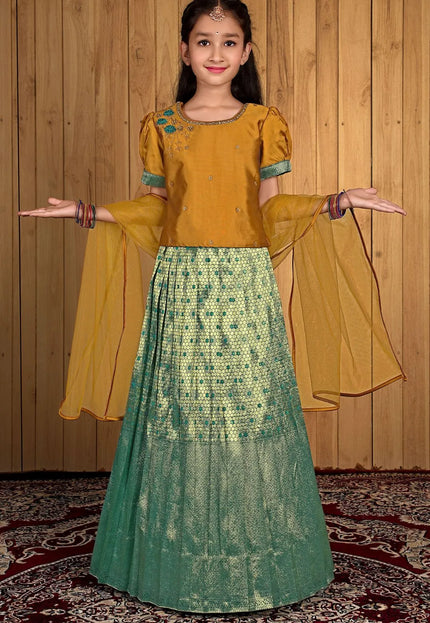 Rama Banarasi Kids Lehenga Style With Musterd Net Dupatta