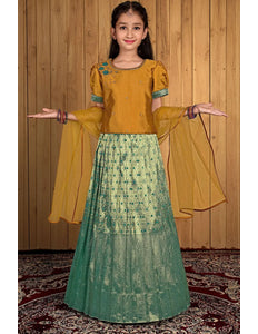 Rama Banarasi Kids Lehenga Style With Musterd Net Dupatta