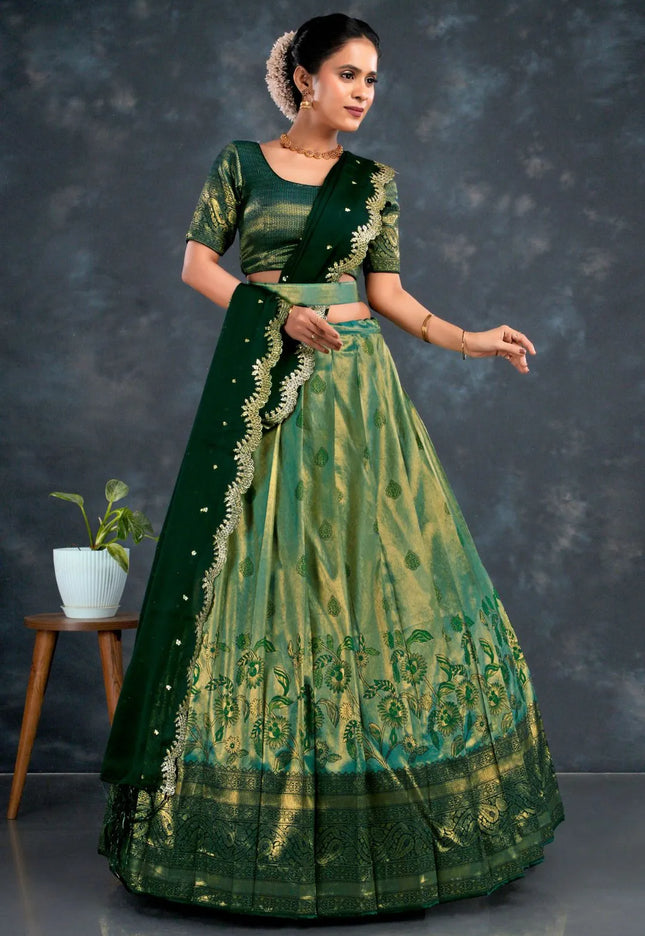 Rama Banarasi Silk Floral Zari Half Saree With For Women