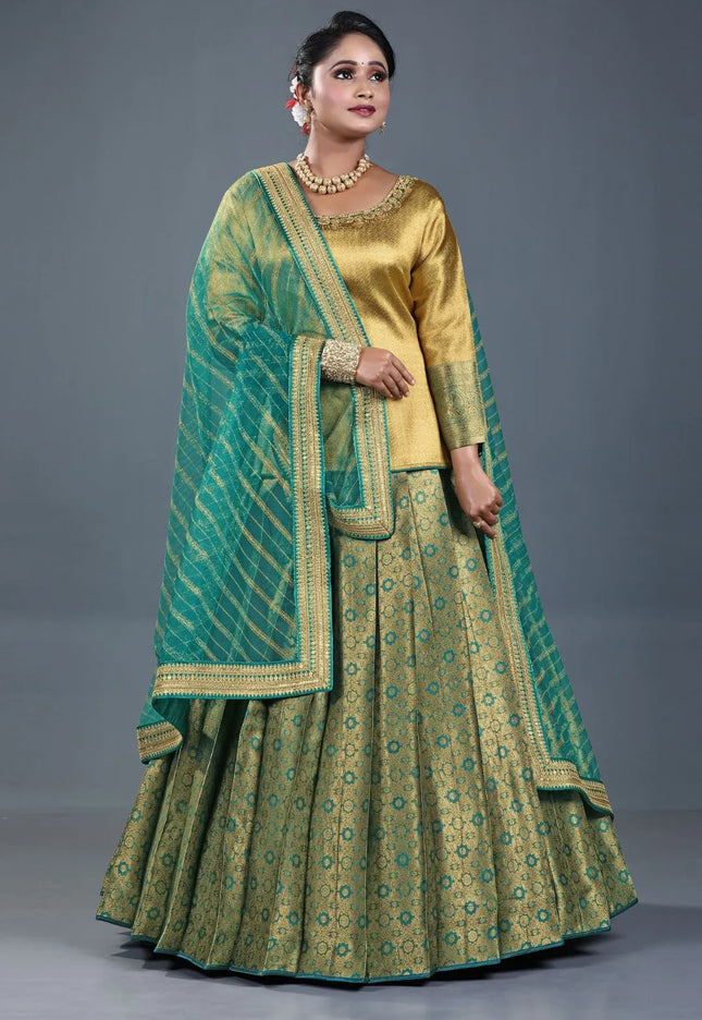 Rama Banarasi Silk Lehenga Choli For Women With Net Dupatta
