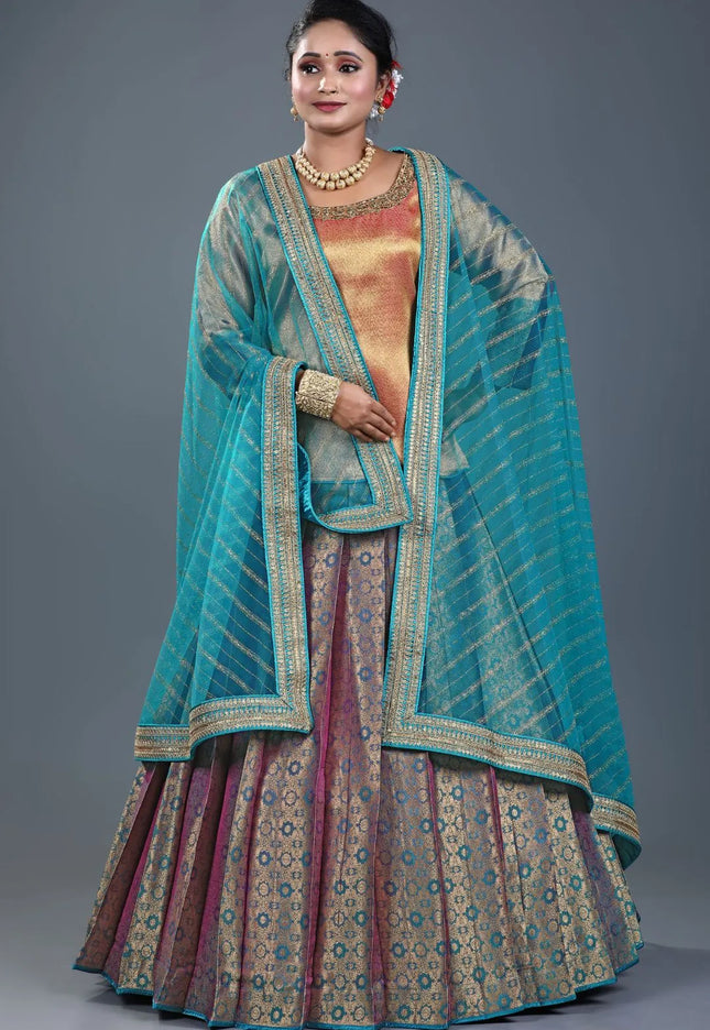 Rama Banarasi Silk Lehenga Choli For Women With Net Dupatta
