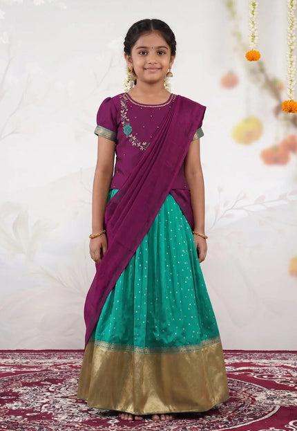 Rama Classic Zari Border Lehenga Choli for Girls with Net Dupatta