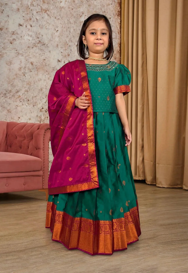Rama Girls Branch-Embroidered Lehenga Kids Woven Paisley Skirt Set