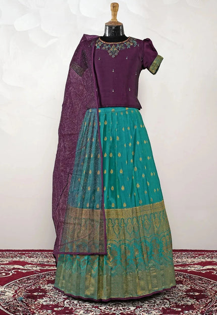Rama Kids Contrast-Trim Langa Voni Girls Ornate Motif Pattu Pavadai