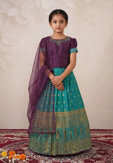 Rama Kids Contrast-Trim Langa Voni Girls Ornate Motif Pattu Pavadai