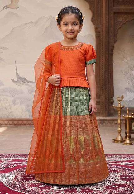 Rama Kids Silk Pattu Pavadai Set featuring Pleated Waistband Accent