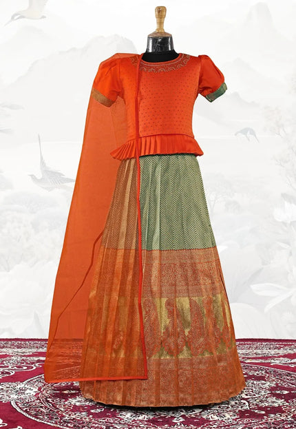 Rama Kids Silk Pattu Pavadai Set featuring Pleated Waistband Accent