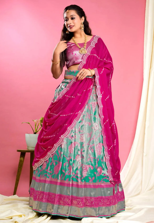 Rama Self Jacquard Lehenga Choli With Dupatta Set For Women