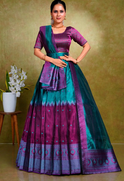 Rama Tissue Silk Zari Work Half Saree For Women