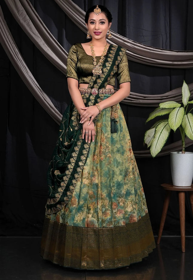 Rama Zari Tissue Digital Print Lehenga Choli Design For Women