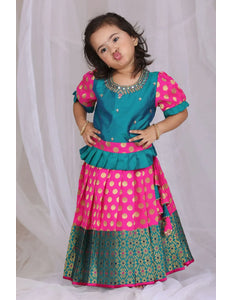 Rani Banarasi Silk Kids Lehenga Choli with Gold Polka Dots & Border