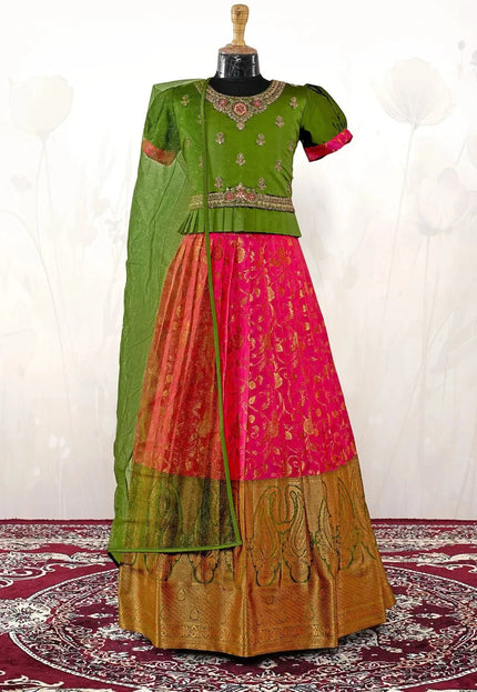 Rani Girls Paisley-Border Lehenga Choli Kids Knife-Pleated Blouse Set