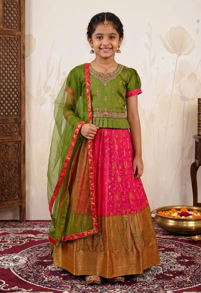 Rani Girls Paisley-Border Lehenga Choli Kids Knife-Pleated Blouse Set
