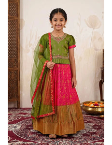 Rani Girls Paisley-Border Lehenga Choli Kids Knife-Pleated Blouse Set