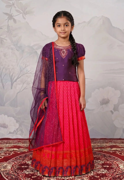 Rani Heavy Border Woven Lehenga Choli with Net Dupatta Kids Festive Wear