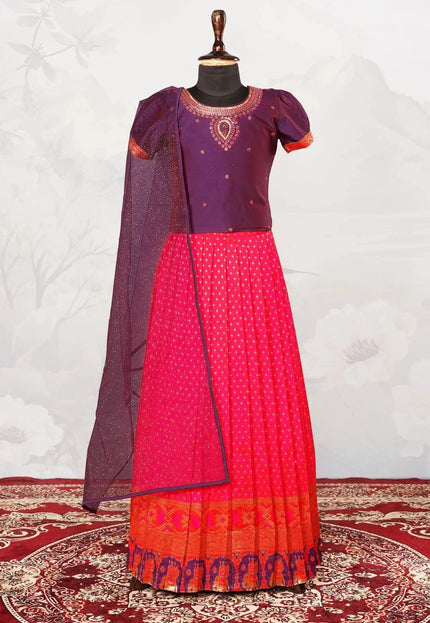 Rani Heavy Border Woven Lehenga Choli with Net Dupatta Kids Festive Wear