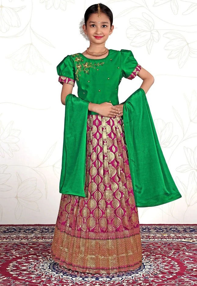 Rani Premium Pattu Pavadai Ethnic Set for Little Girls Zill Mill Dupatta