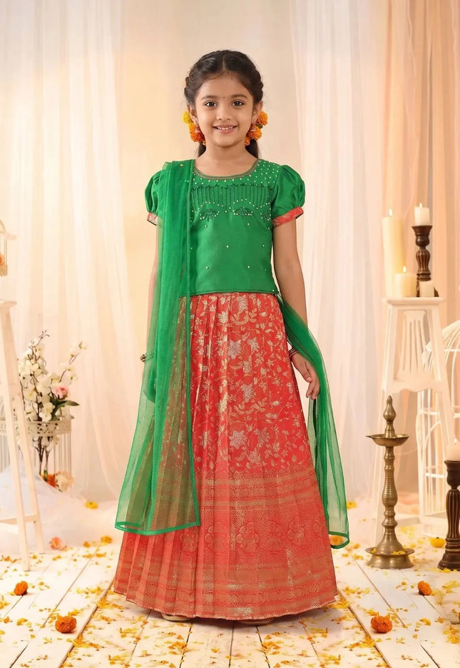Red Banarasi Lehenga Choli Set with Green Embroidered Top
