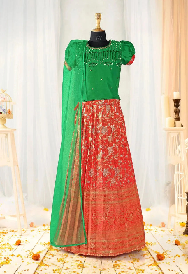 Red Banarasi Lehenga Choli Set with Green Embroidered Top