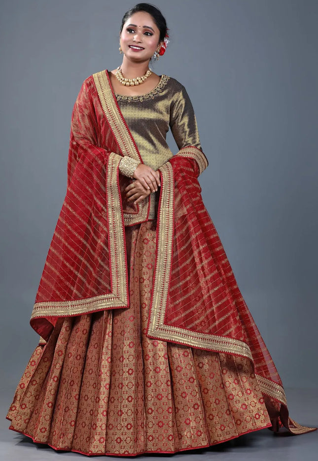 Red Banarasi Silk Lehenga Choli For Women With Net Dupatta