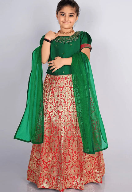 Red Banarasi Kids Lehenga Choli with Green Dupatta
