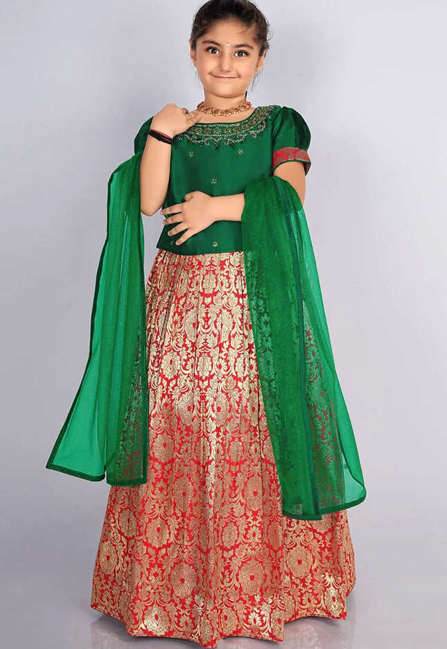 Red Banarasi Kids Lehenga Choli with Green Dupatta