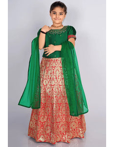 Red Banarasi Kids Lehenga Choli with Green Dupatta