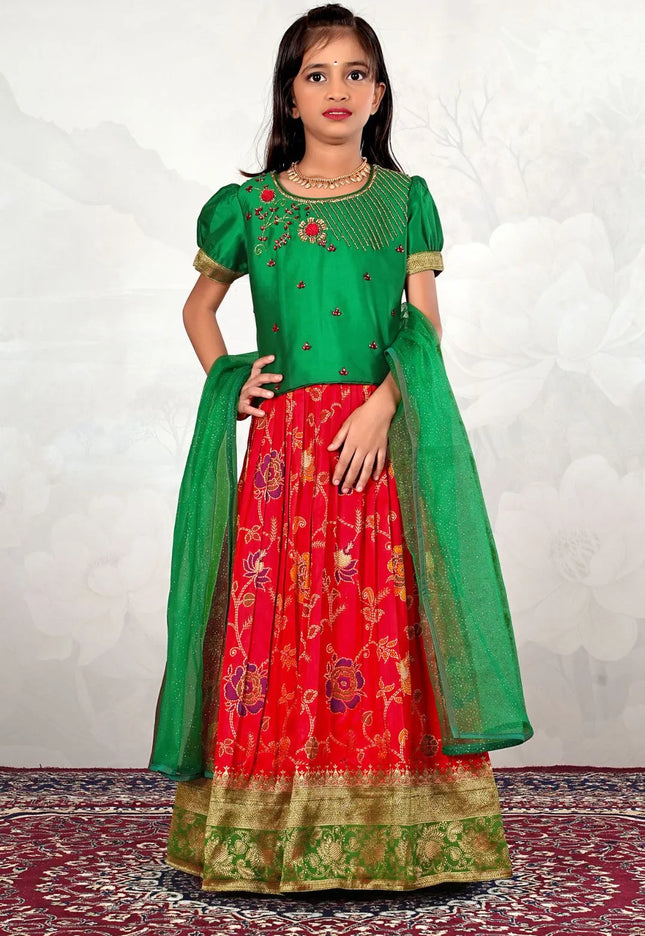 Red Banarasi Kids Lehenga Choli with Green Dupatta For Girls