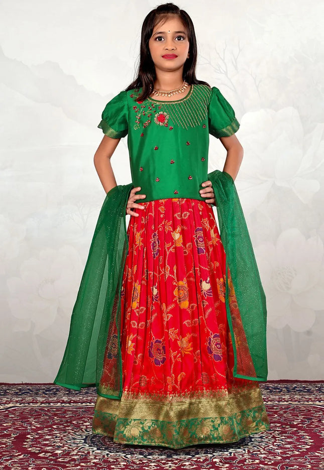Red Banarasi Kids Lehenga Choli with Mehendi Dupatta For Girls