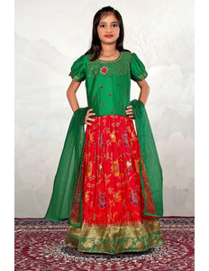 Red Banarasi Kids Lehenga Choli with Mehendi Dupatta For Girls
