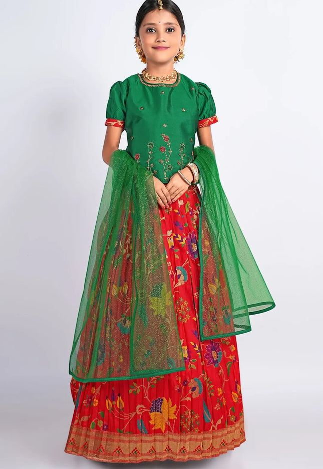 Red Banarasi Kids Lehenga Style With Green Net Dupatta