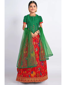 Red Banarasi Kids Lehenga Style With Green Net Dupatta