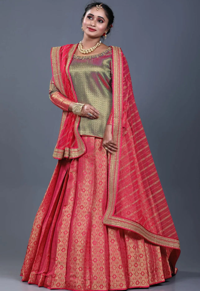 Red Banarasi Silk Lehenga Choli For Women With Net Dupatta