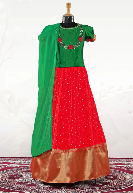 Red Classic Zari Border Lehenga Choli for Girls with Net Dupatta