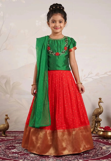 Red Classic Zari Border Lehenga Choli for Girls with Net Dupatta