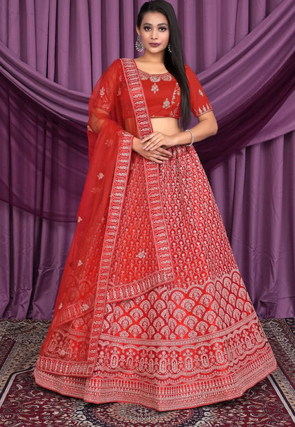 Red Diamond Embroidered Net Lehenga Choli For Women