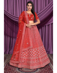 Red Diamond Embroidered Net Lehenga Choli For Women