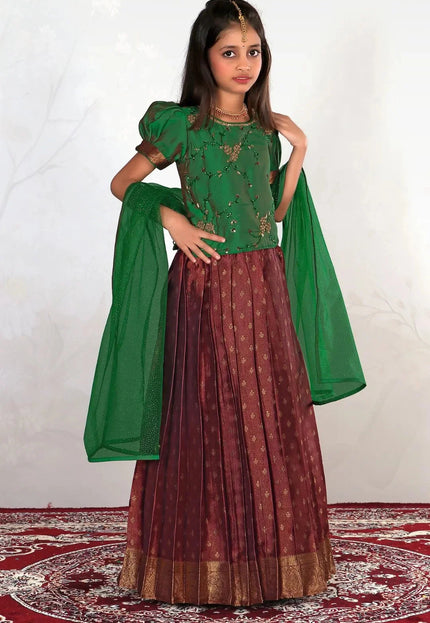 Red Girls Designer Ghagra Choli Puff Sleeve Blouse with Net Dupatta