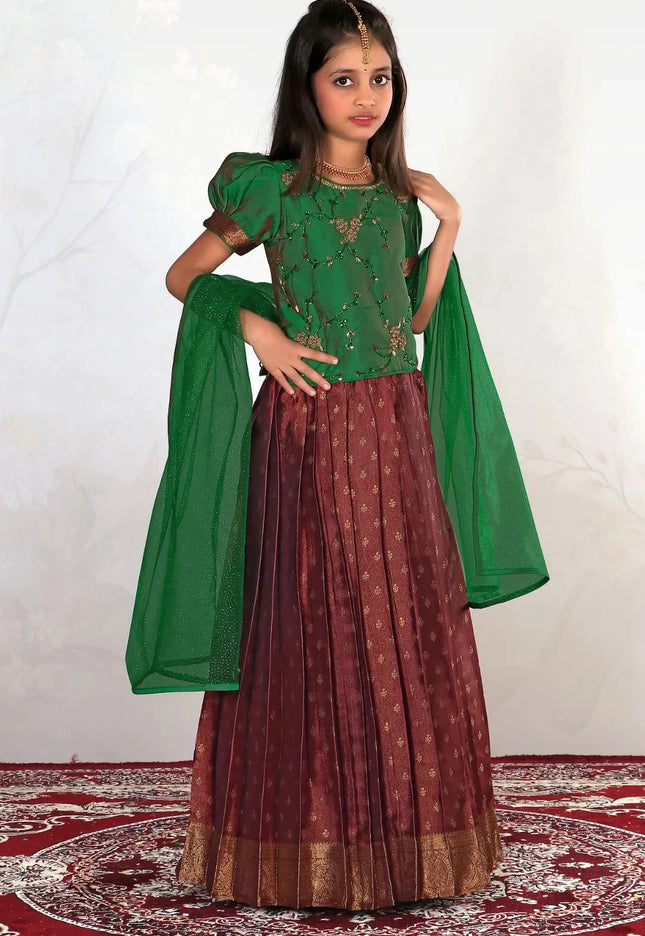 Red Girls Designer Ghagra Choli Puff Sleeve Blouse with Net Dupatta