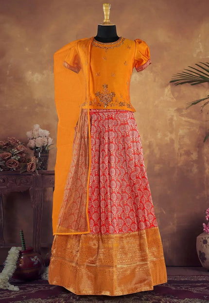 Red Girls Jacquard Print Pattu Pavadai Kids Cultural Occasion Dress