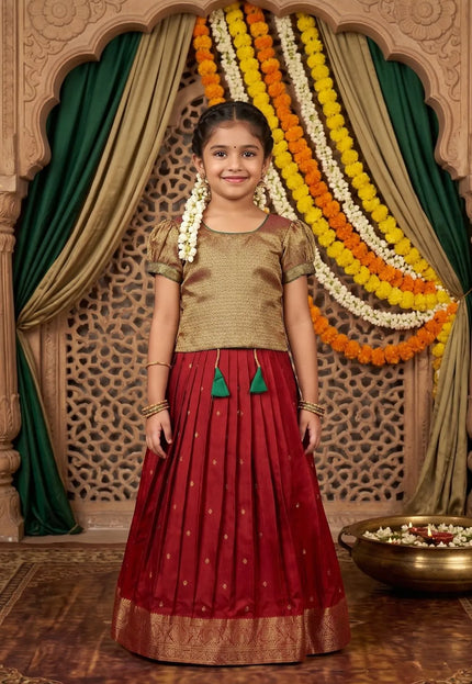 Red Girls Silk Pattu Pavadai Ethnic Wear Lehenga Choli Set