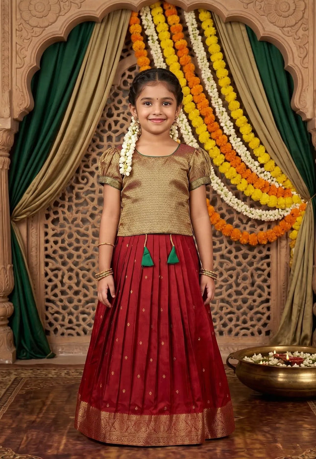 Red Girls Silk Pattu Pavadai Ethnic Wear Lehenga Choli Set