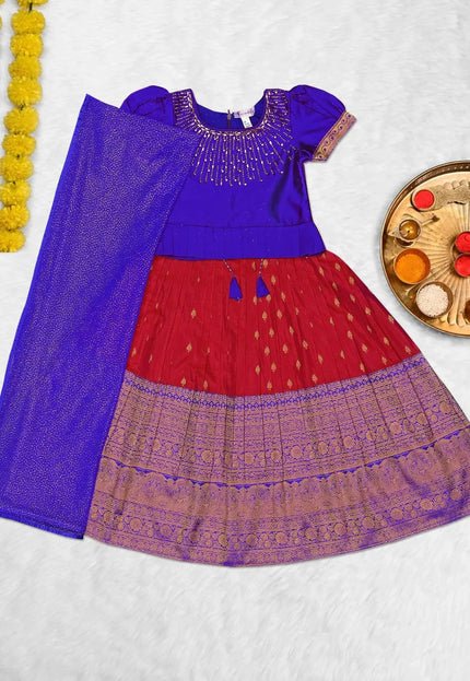Red Kids Linear-Embellished Langa Voni Girls Wide-Border Lehenga