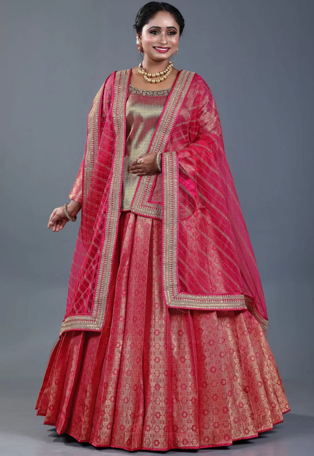 Red Banarasi Silk Lehenga Choli For Women With Net Dupatta
