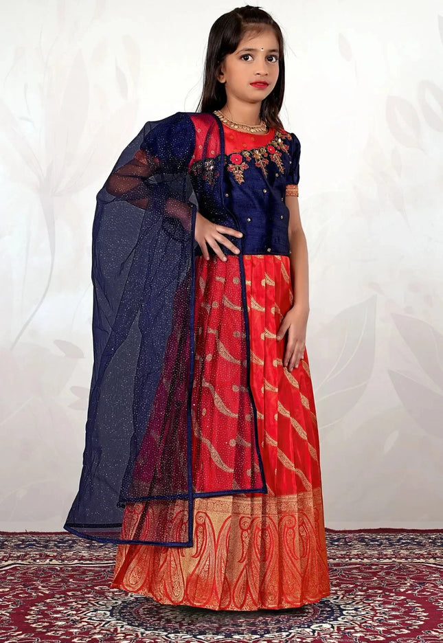 Red Traditional Lehenga Choli Set with Navy Blue Dupatta